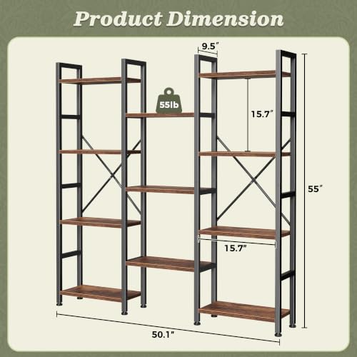 Huuger 4 Tier Bookshelf - Rustic Brown, 55-Inch Tall with 11 Open Shelves - Versatile Storage & Display