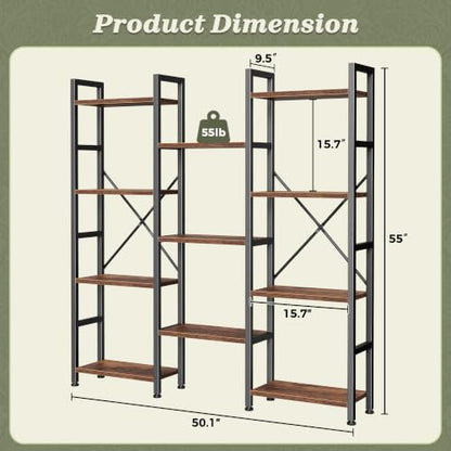 Huuger 4 Tier Bookshelf - Rustic Brown, 55-Inch Tall with 11 Open Shelves - Versatile Storage & Display