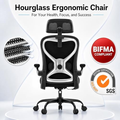 Ergonomic Office Chair with 3.5-Inch Cushion for Long Hours, Black/Satin Silver