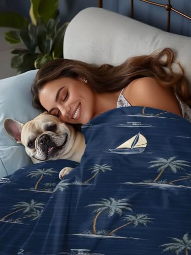 California King Flat Sheet Navy Blue Microfiber Bed Sheets Summer Sea Sailboat & Palm Tree Design - Deep Navy / Slate Blue