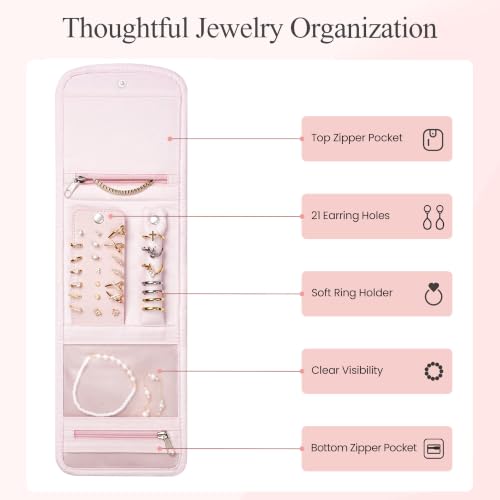 Travel Jewelry Organizer Roll for Women - Pink Initial Monogram, Compact & Portable