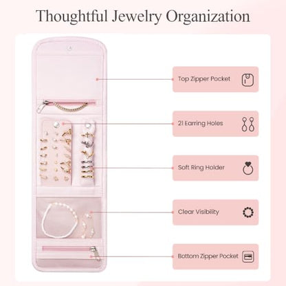 Travel Jewelry Organizer Roll for Women - Pink Initial Monogram, Compact & Portable