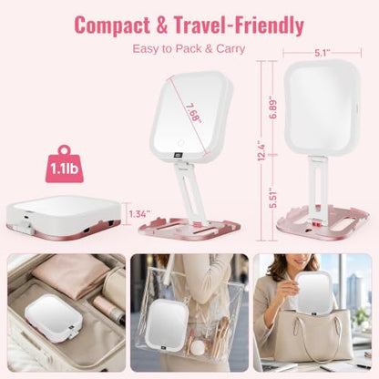 Foldable Travel Makeup Mirror with Lights 10X/1X Magnification USB-C