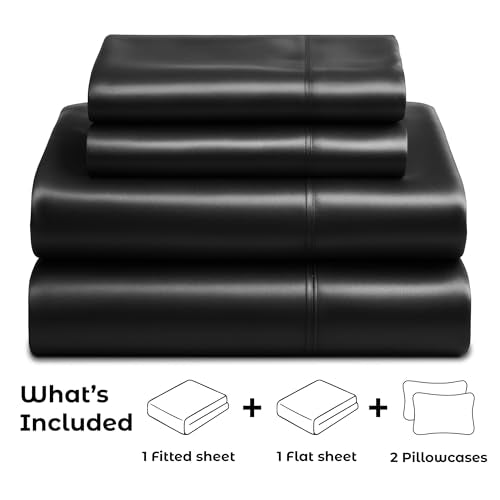Pure Bedding Satin Sheets Queen [4-Piece, Black] Hotel Luxury Silky Bed Sheets - Extra Soft 1800 Microfiber Sheet Set, Wrinkle, Fade, Deep Pocket Fitted Sheet, Flat Sheet, Pillow Cases