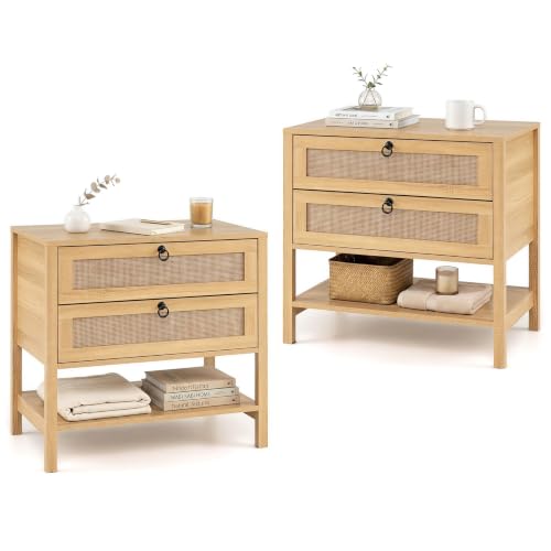 KOMFOTT Rattan Nightstand Set of 2 – Natural 27" x 16" x 25.5" with 2 Drawers