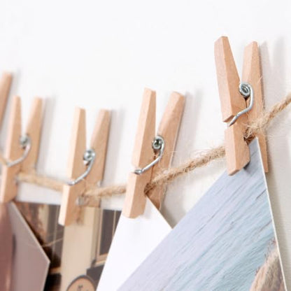 Mini Clothespins for Photos with Jute String - 100 Pcs, Wall Decor