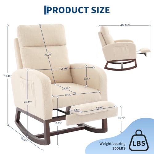 Nursery Rocking Chair with Adjustable Footrest & Side Pocket - Teddy Fleece-Beige