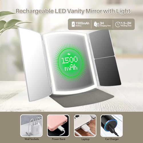 Makeup Mirror with Lights 2X/5X Magnification, Foldable Vanity Mirror - Jet Black
