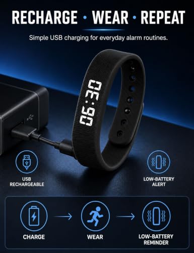 Black Vibrating Alarm Wristband Clock Silent Smart Watch Bracelet for Heavy Sleepers