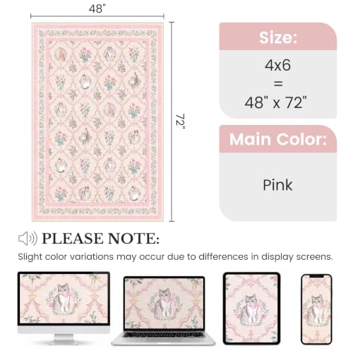 Pink Floral Cat Rug 4x6 ft - Washable Non-Slip Area Rug for Girls Bedroom & Nursery - Pink & White Vintage Design