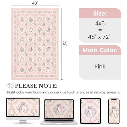 Pink Floral Cat Rug 4x6 ft - Washable Non-Slip Area Rug for Girls Bedroom & Nursery - Pink & White Vintage Design