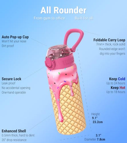 3D Strawberry Ice Cream Water Bottle 23.2oz Insulated Reusable Bottle