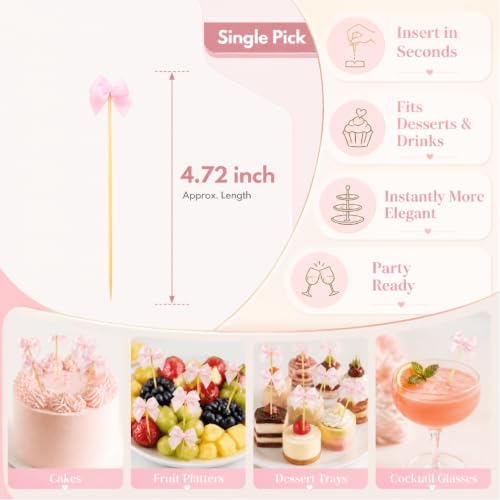 Pink Bow Cocktail Picks Set of 200 for Appetizers & Desserts