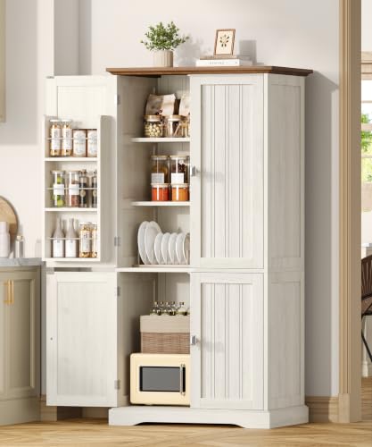 Tall Pantry Cabinet with 6 Doors - Rustic White Kitchen Storage