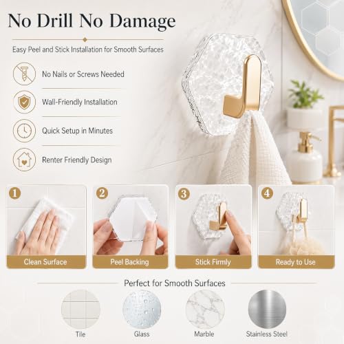 Gold Glacier Ripple Hexagonal Self-Adhesive Hooks 24PCS - Waterproof Heavy Duty Home Organizer