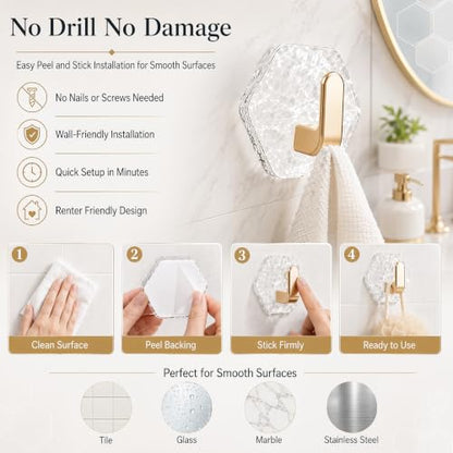 Gold Glacier Ripple Hexagonal Self-Adhesive Hooks 24PCS - Waterproof Heavy Duty Home Organizer