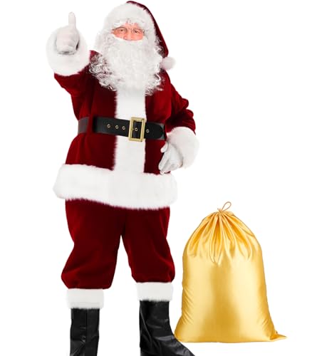 Deluxe Velvet Santa Claus Costume for Men - Dark Red, XX-Large, 9-Piece Set