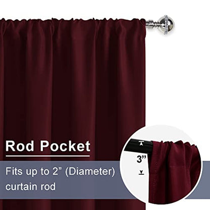 Burgundy Blackout Curtains for Bedroom - Thermal Insulated Room Darkening Noise Reducing, 52 x 63 Inch Set of 2 Panels with Tiebacks