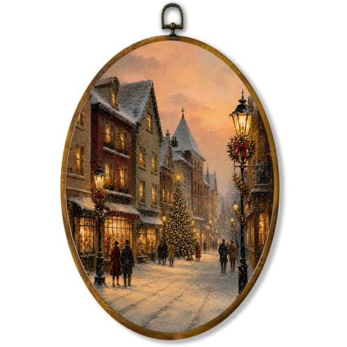 Christmas Village Street Oval Wall Art - Snowy Holiday Decor, Variation of THIS listing