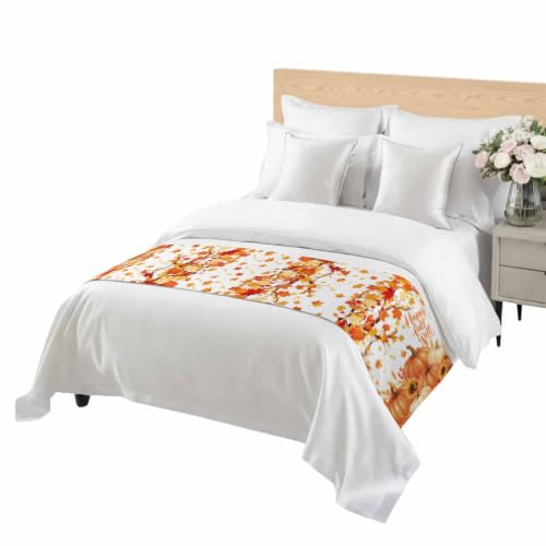 Orange Pumpkin Fall Bed Runner for Cal King Bed 102x20 Inches - Decorative Sofa Throw & Bed Scarf with Maple Leaf Sunflower Design - Variation of 102"x20" Orange, Red, Yellow