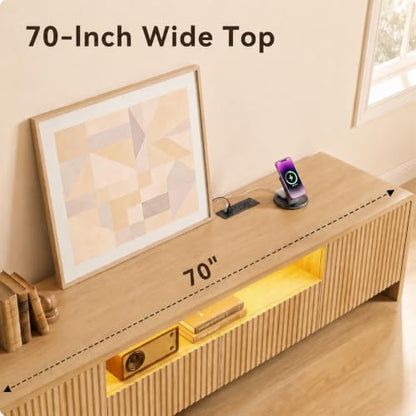 YESHOMY 70-Inch Fluted TV Stand for 55-75 Inch TVs, Oak Finish, Modern Media Console with RGB Lighting and Charging Station