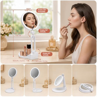 Magnifying Lighted Travel Mirror 30X/1X Dual-Sided with 3 Light Modes