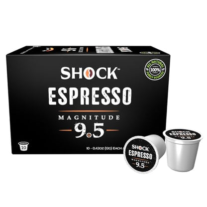 Shock Coffee Espresso 9.5 - Bold and Robust Espresso-Style Flavor - Single Serve Cups, 10 Count. Compatible with Keurig K-Cup Brewers