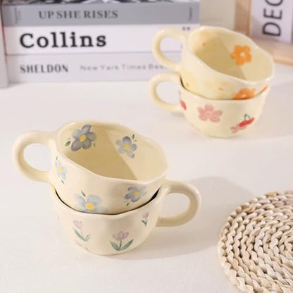 Blue Flower Ceramic Mug - Cute Floral Coffee Cup for Office & Home - 8.5oz