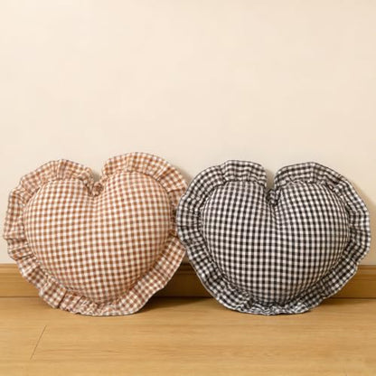 Coffee White Checkered Heart Pillow with Ruffle - Gingham Love Cushion for Sofa Bed Decor