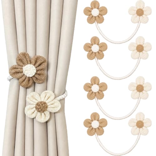 Boho Flower Curtain Tiebacks - Flexible Wire Drapery Holdbacks, No Drill Mounting - Set of 4
