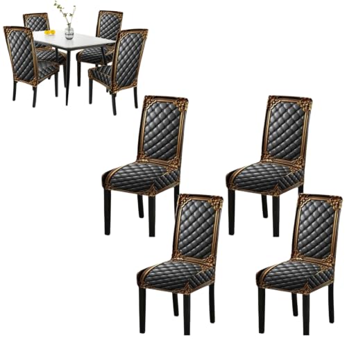 4pcs Washable Baroque Print Chair Cover Set for Dining Chairs - Black Gold