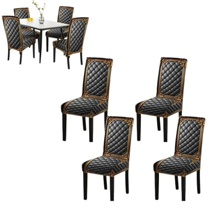 4pcs Washable Baroque Print Chair Cover Set for Dining Chairs - Black Gold
