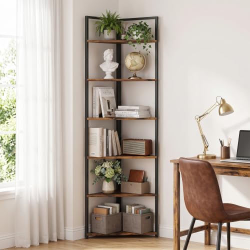71-Inch Tall Corner Shelf with 6 Metal Tiers, Rustic Brown Storage Unit - Variation of THIS listing