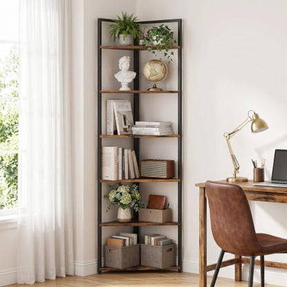 71-Inch Tall Corner Shelf with 6 Metal Tiers, Rustic Brown Storage Unit - Variation of THIS listing