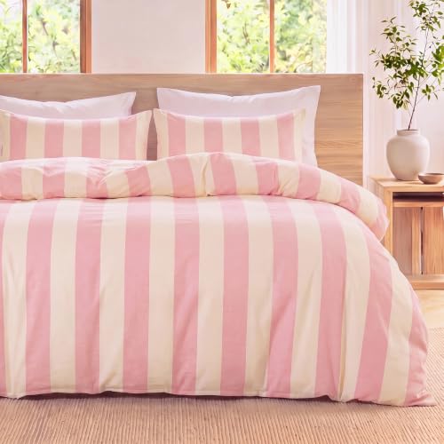 Pink Striped Comforter Set Queen - Blush Wide Stripe 100% Cotton, Cabana Style