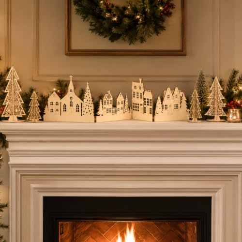 Retro Christmas Wooden Decor Set - 32 Inch Church Tree and House Signs