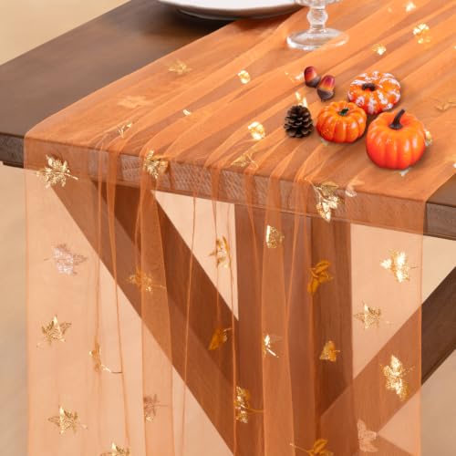 Gold Gauze Table Runner Fall Maple Leaf Sheer Party Centerpiece 10ft x 3pcs - Orange