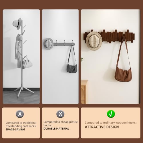 Walnut Wooden Wall-Mounted Coat Rack with 8 Hooks - Flip-Down Space Saver Hanger
