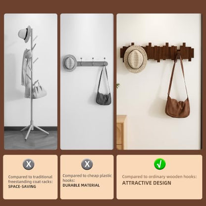 Walnut Wooden Wall-Mounted Coat Rack with 8 Hooks - Flip-Down Space Saver Hanger