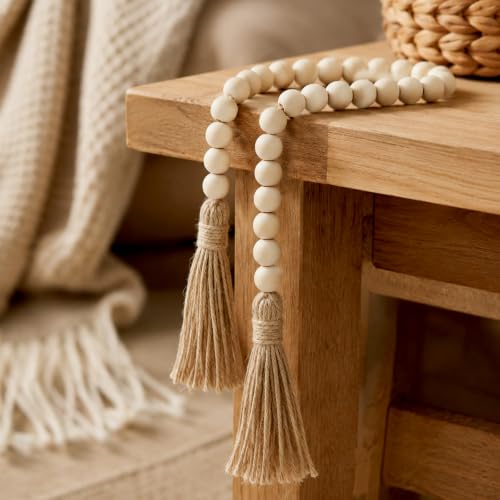 Wood Bead Garland with Tassels - 34 Inch Farmhouse Rustic Home Decor