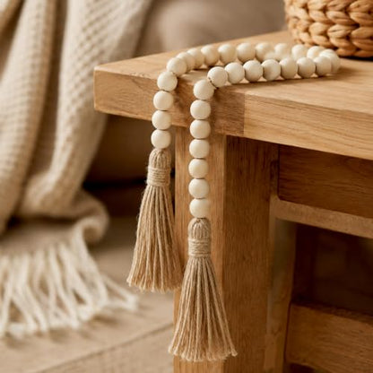 Wood Bead Garland with Tassels - 34 Inch Farmhouse Rustic Home Decor