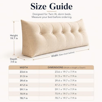 Linen Tone Velvet Twin XL Dorm Headboard Pillow with Wedge Cushion - 23.6 x 19.7 x 7.9 in