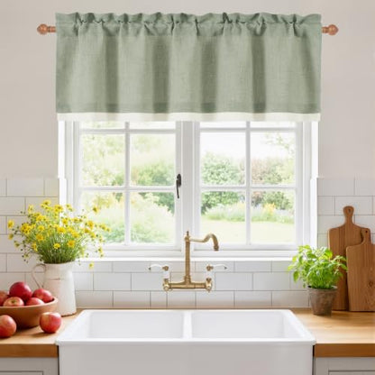 NICETOWN Sage Green Linen Valance 52x18 Inch Double Layer Window Curtain - Farmhouse Style
