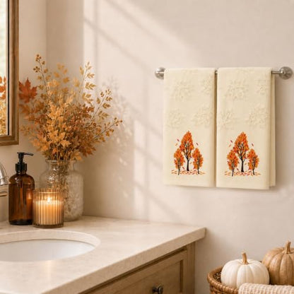 Fall Hand Towels 2 Pack - Beige Maple Leaves Jacquard, Soft Cotton, 29.5 x 13.8 Inches