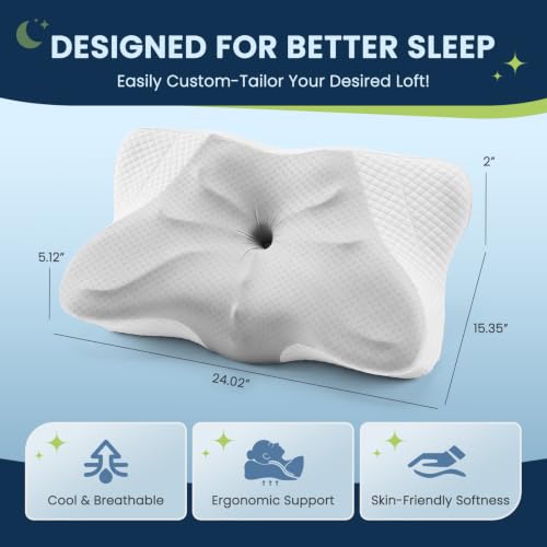 Contoured Cervical Pillow for Neck Pain Relief - Dual Height, King Size, Light Gray