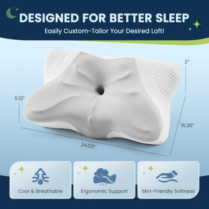 Contoured Cervical Pillow for Neck Pain Relief - Dual Height, King Size, Light Gray