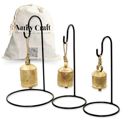 Set of 3 Black Metal Stand Golden Cow Bells with Rustic Finish Christmas Hanging XL Bells
