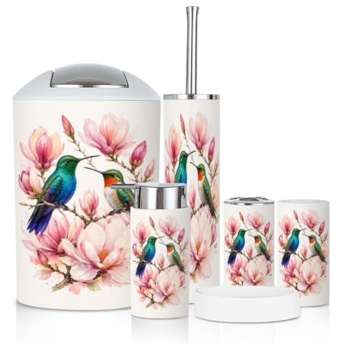Bathroom Accessory Set 6PCS Hummingbirds Flowering Branch Magnolia - Multi2