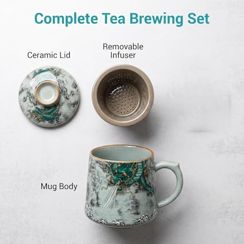 Ceramic Tea Cup with Infuser and Lid 400ml Chinese Dragon Pattern Gift