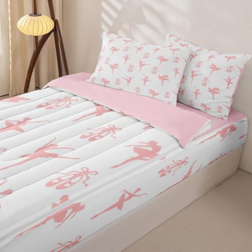 Pink White Ballet Zipper Bedding Set Twin Size Kids Comforter with Pillowcases